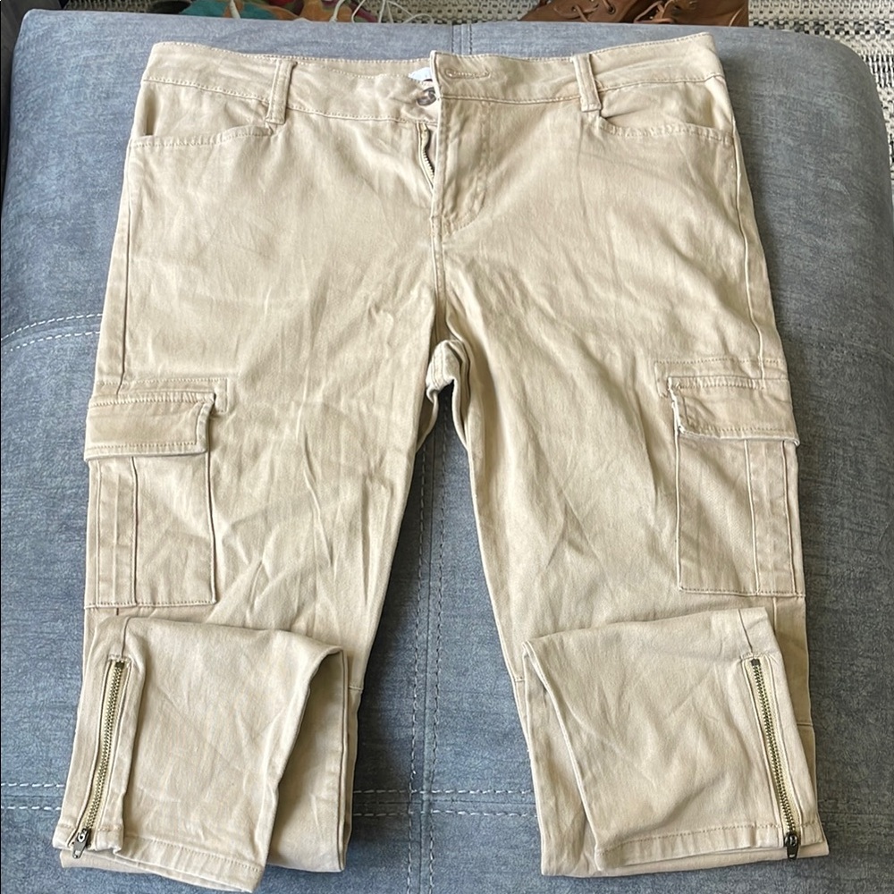 Tan Cargo Ankle Pants with Zipper Details